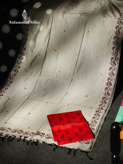 Beautiful Ash Mirror Work Printed South Cotton Saree With Contrast Red Blouse