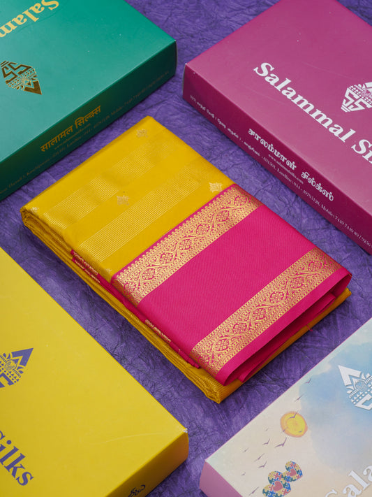 Mustard Yellow Vaira Oosi Butta Semi Silk Saree With Contrast Pink Gap Border