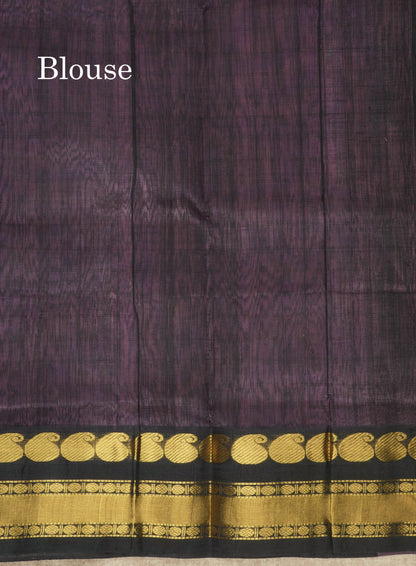 Purple Small Checks Pure Silk Cotton Saree With Contrast Black Traditional Border