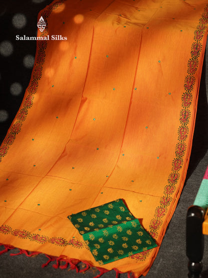 Beautiful Fanta Orange Mirror Work Printed South Cotton Saree With Contrast Bottle Green Blouse