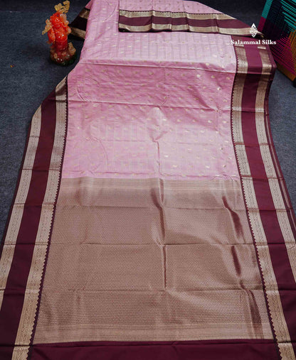 Semi Silk Saree - Onion Pink Mango Butta With Checks Along With Contrast Dark Brown Traditional Gap Border