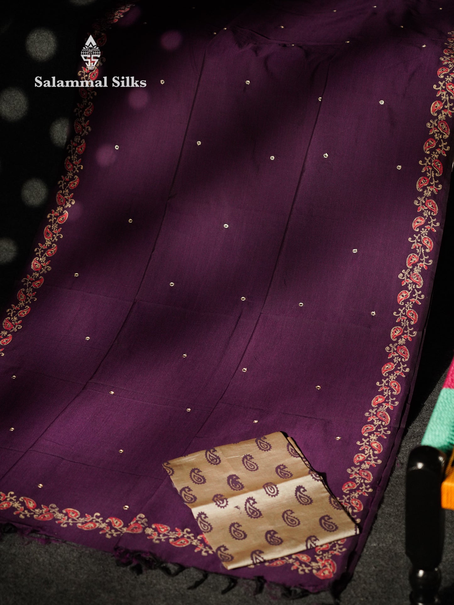 Beautiful Dark Violet Mirror Work Printed South Cotton Saree With Contrast Tussar Blouse
