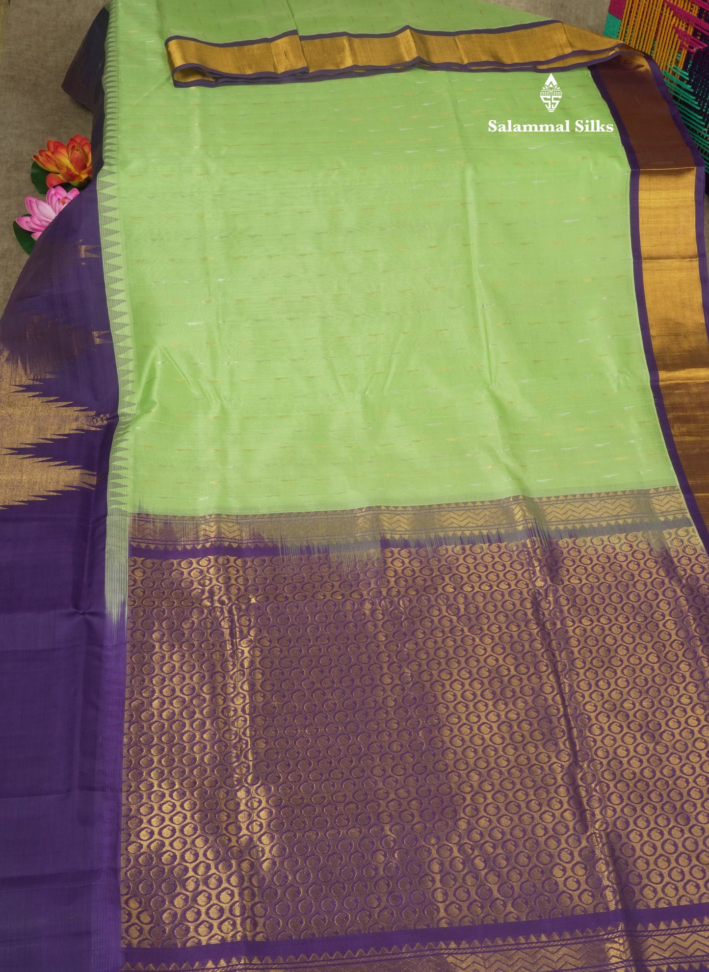 Light Elaichi Green Pure Silk Cotton Saree With Contrast Violet Temple Border