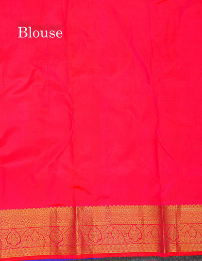 Pure Kanjivaram Silk Saree - Royal Blue Colour Body With Butta & Contrast Pinkish Orange Blouse