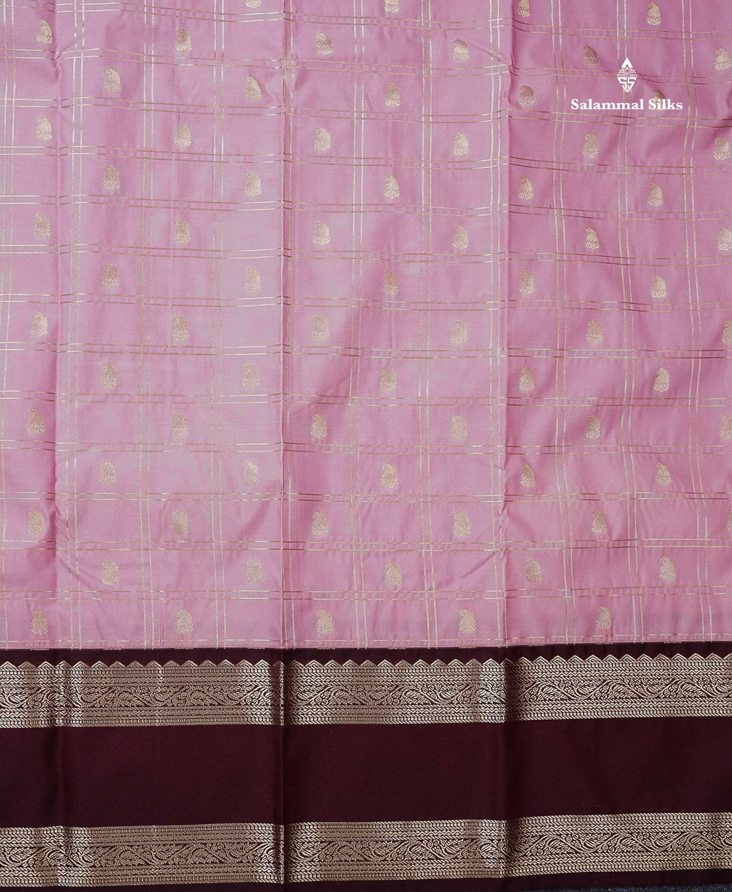 Semi Silk Saree - Onion Pink Mango Butta With Checks Along With Contrast Dark Brown Traditional Gap Border