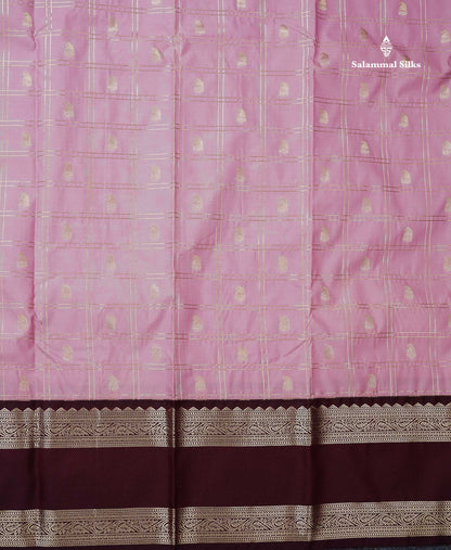Semi Silk Saree - Onion Pink Mango Butta With Checks Along With Contrast Dark Brown Traditional Gap Border