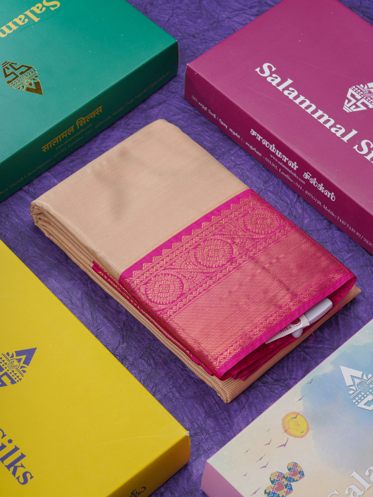 Cream Beautiful Traditional Varaoosi Semi Silk Saree With Contrast Pink Border