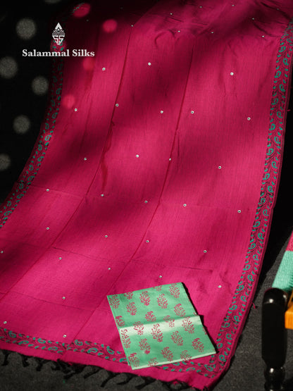 Beautiful Magenta Mirror Work Printed South Cotton Saree With Contrast Light Green Blouse
