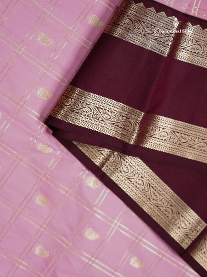 Semi Silk Saree - Onion Pink Mango Butta With Checks Along With Contrast Dark Brown Traditional Gap Border