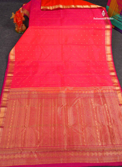 Pure Kanjivaram Silk Saree - Pinkish Orange Colour Body With Traditional Small Border