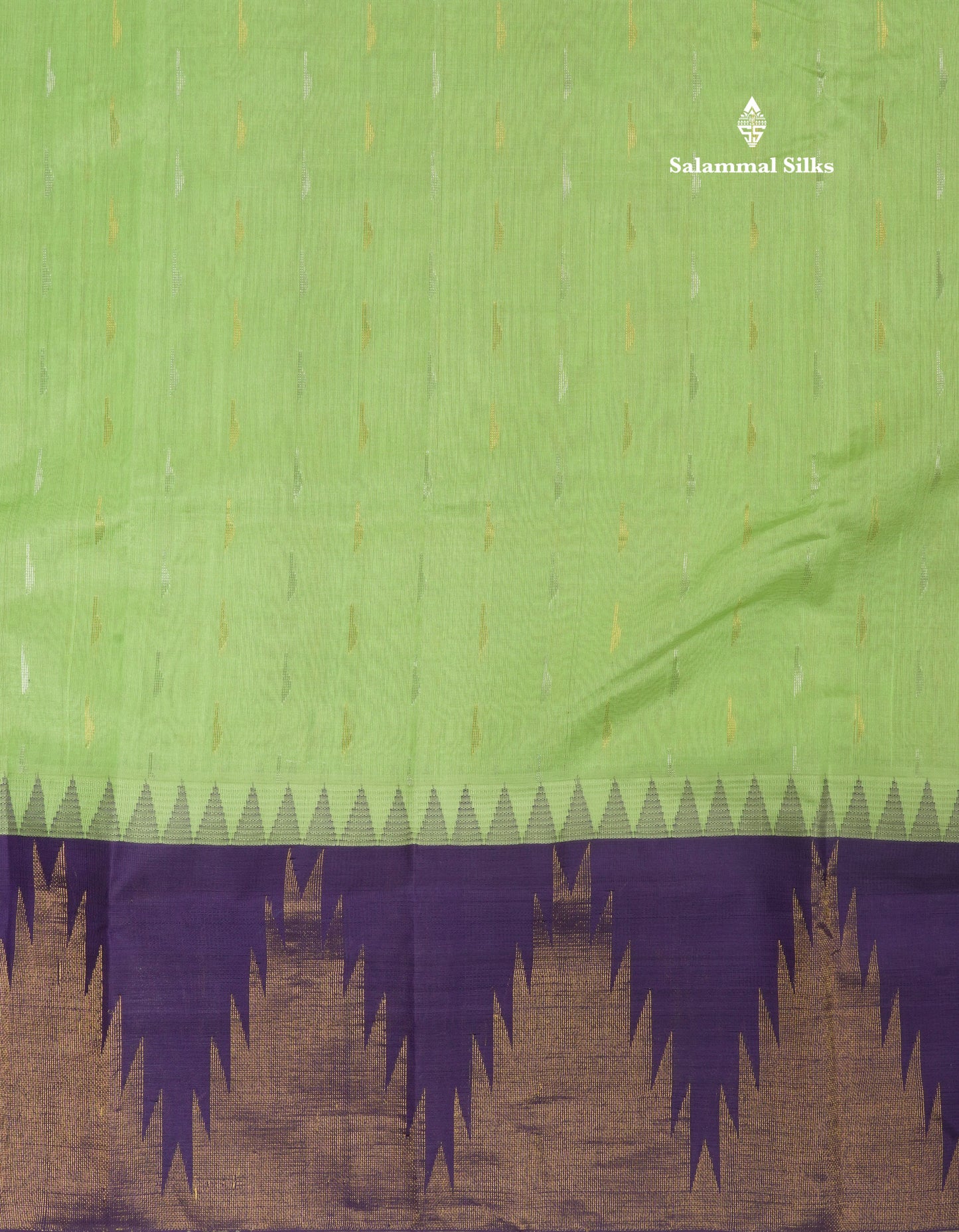 Light Elaichi Green Pure Silk Cotton Saree With Contrast Violet Temple Border