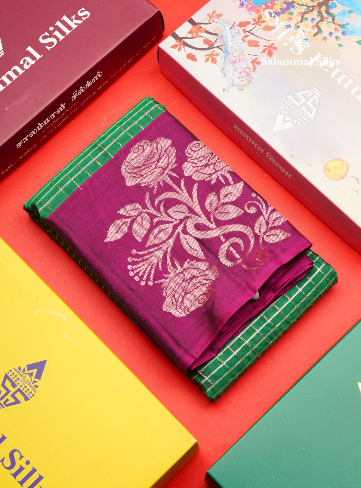 Bottle Green Checks Pure Silk Mix Saree With Contrast Magenta Fancy Border