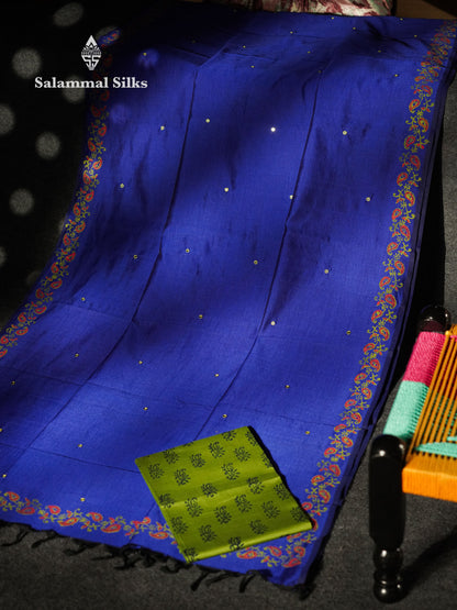 Beautiful Violet Mirror Work Printed South Cotton Saree With Contrast Parrot Green Blouse