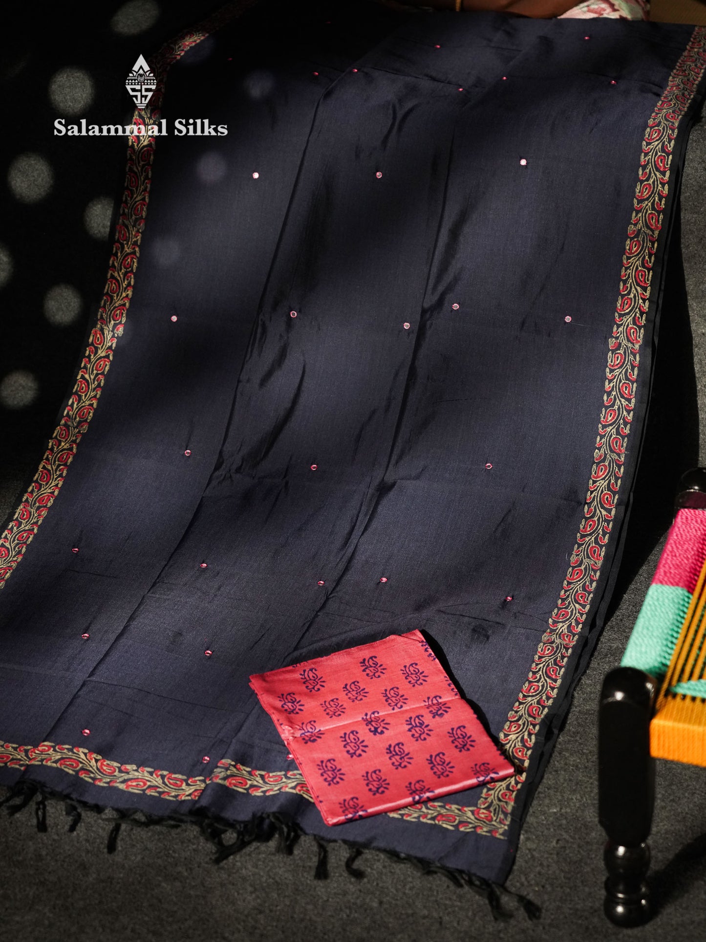 Beautiful Navy Blue Mirror Work Printed South Cotton Saree With Contrast Light Pink Blouse
