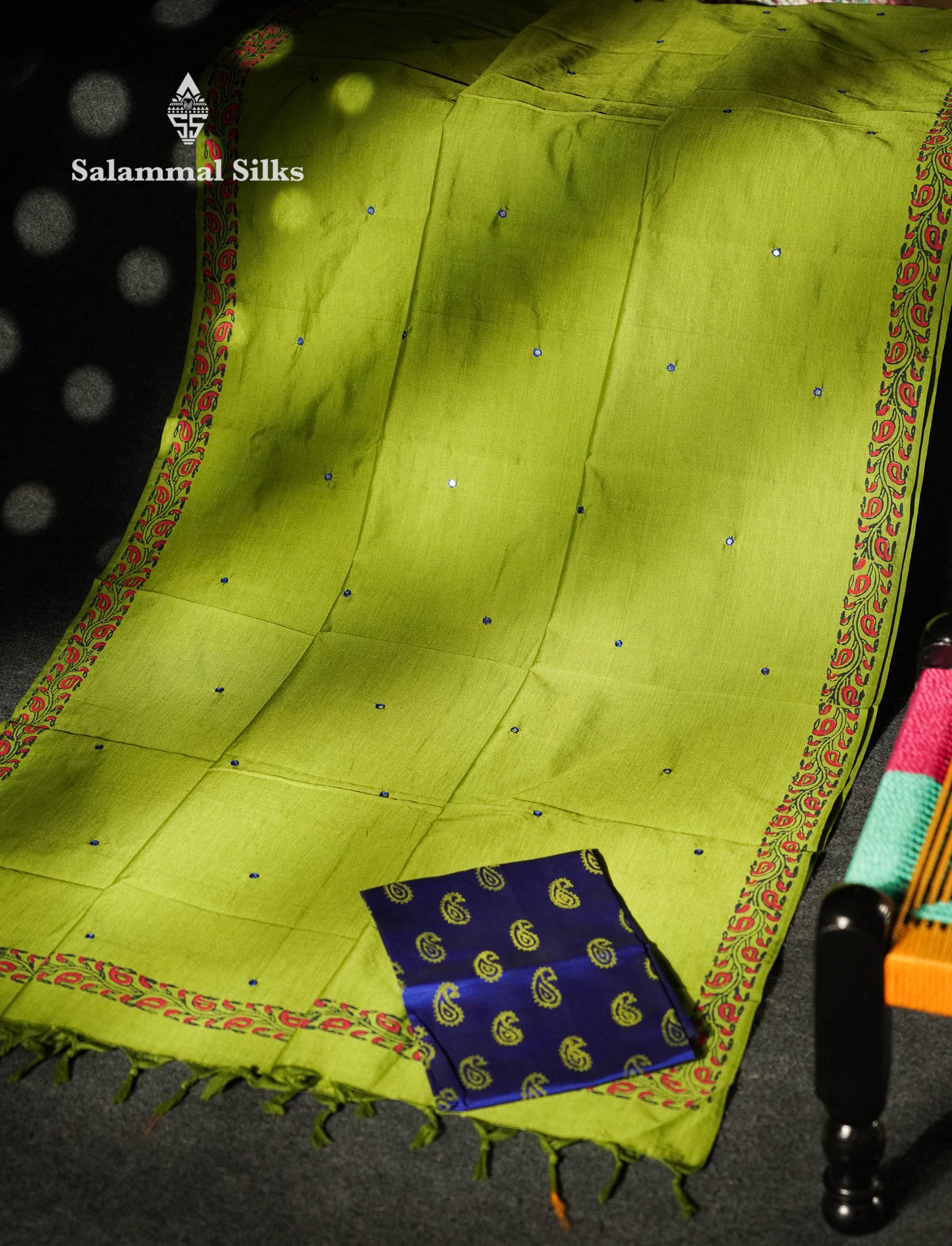 Beautiful Parrot Green Mirror Work Printed South Cotton Saree With Contrast Violet Blouse