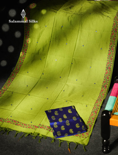 Beautiful Parrot Green Mirror Work Printed South Cotton Saree With Contrast Violet Blouse