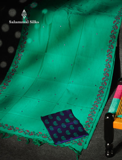 Beautiful Sapphire Green Mirror Work Printed South Cotton Saree With Contrast Violet Blouse