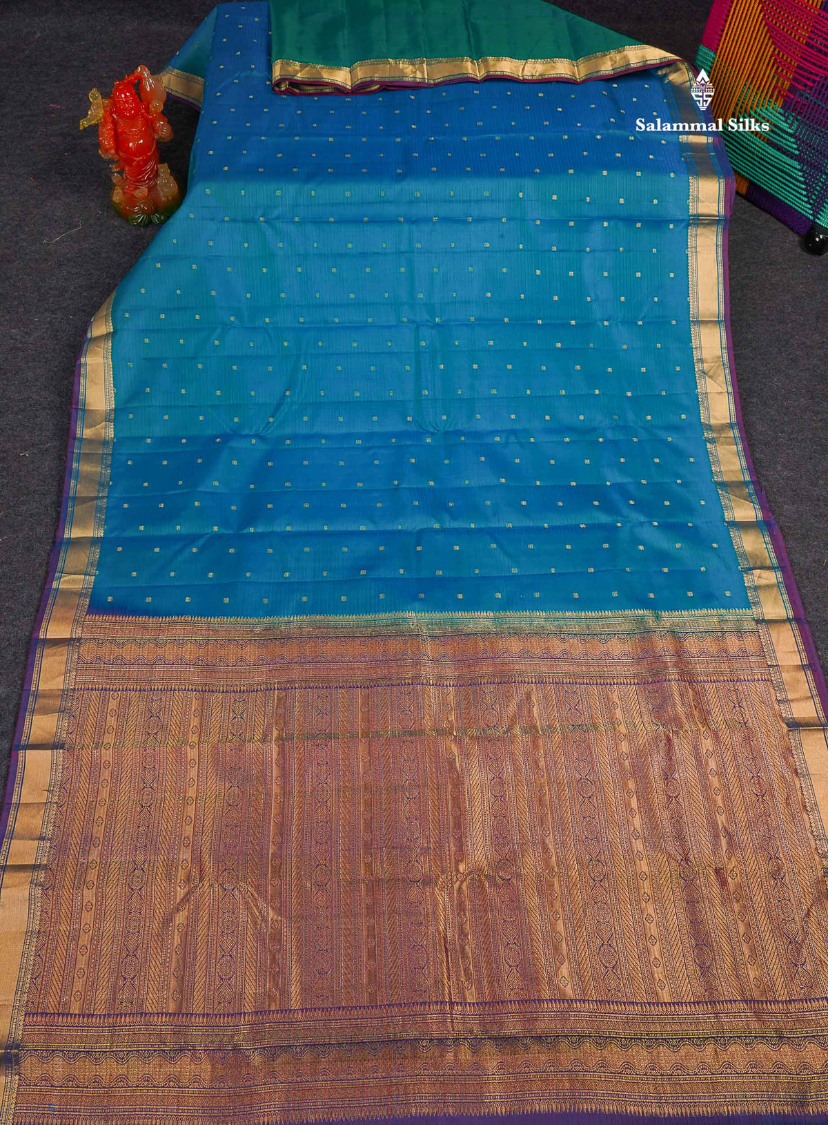 Pure Kanjivaram Silk Saree - Peacock Blue Colour Body With Traditional Small Border