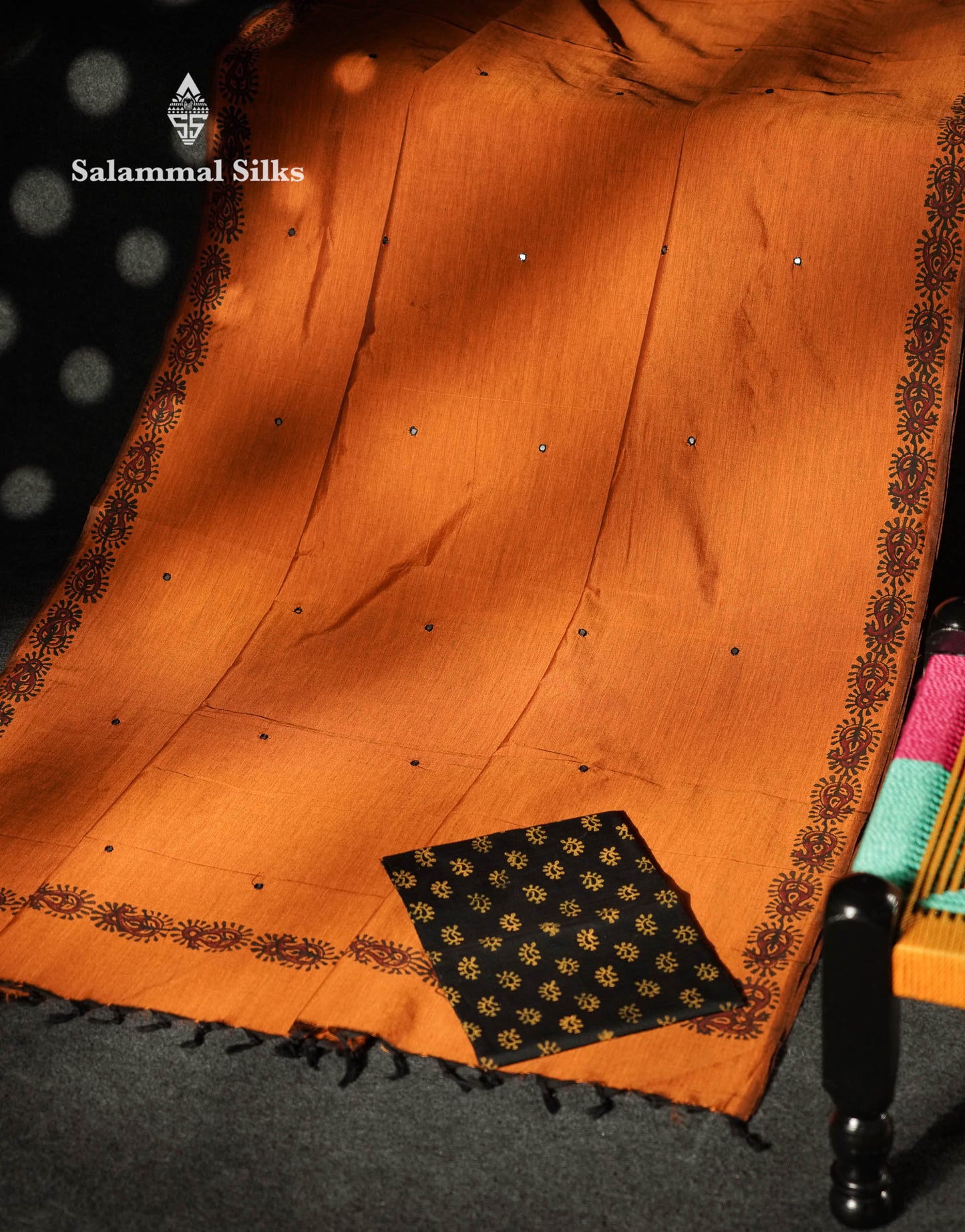 Beautiful Mustard Yellow Mirror Work Printed South Cotton Saree With Contrast Black Blouse
