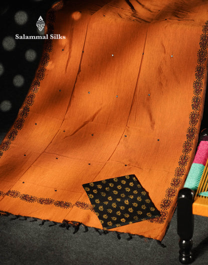 Beautiful Mustard Yellow Mirror Work Printed South Cotton Saree With Contrast Black Blouse