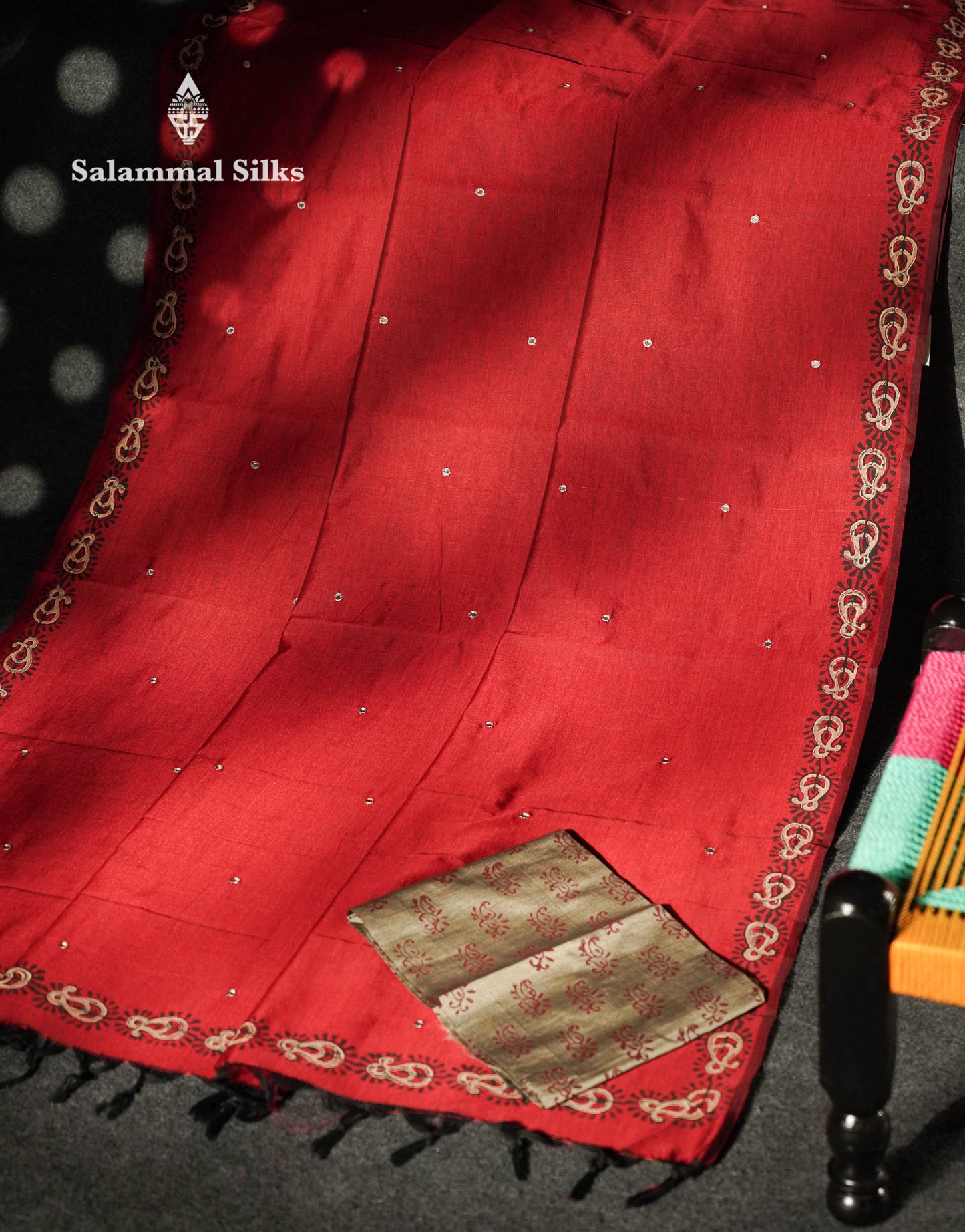 Beautiful Maroon Mirror Work Printed South Cotton Saree With Contrast Grey Blouse