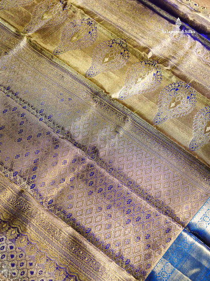 Bridal Pure Kanjivaram Silk Saree - Gold Tissue With Contrast Peacock Blue Traditional Evening Morning Border