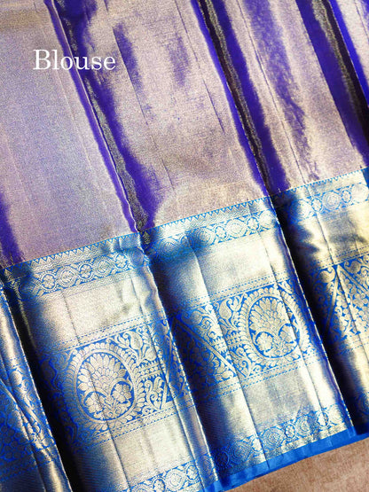 Bridal Pure Kanjivaram Silk Saree - Gold Tissue With Contrast Peacock Blue Traditional Evening Morning Border