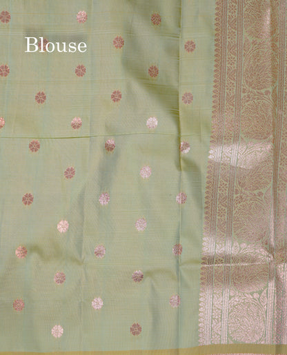 Beautiful Peacock Green Semi Banaras Saree With Fancy Border