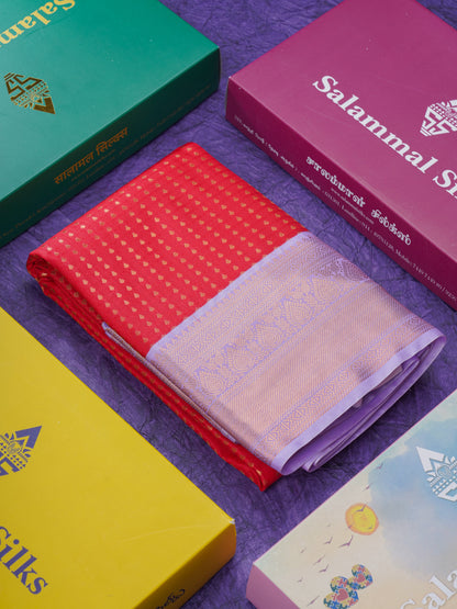 1000 Buttas Red Beautiful Semi Silk Saree With Contrast Lavender Border