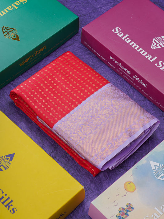 1000 Buttas Red Beautiful Semi Silk Saree With Contrast Lavender Border