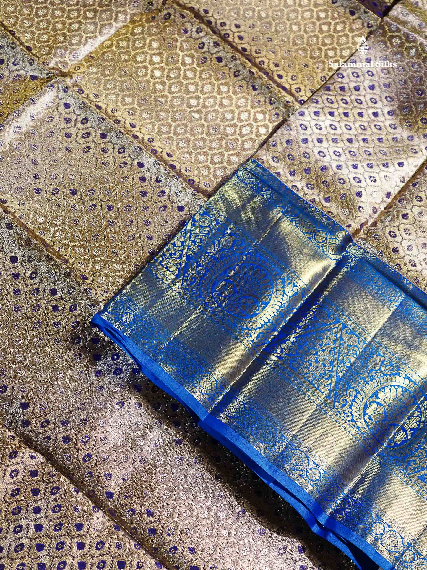Bridal Pure Kanjivaram Silk Saree - Gold Tissue With Contrast Peacock Blue Traditional Evening Morning Border