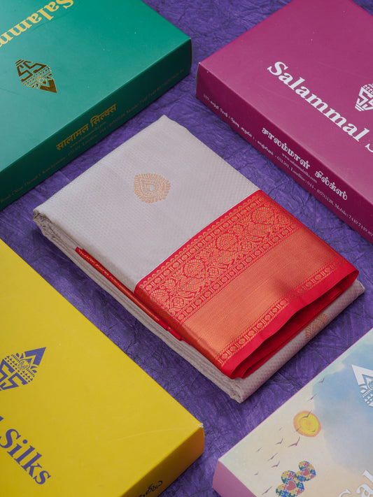 Light Grey Beautiful Semi Silk Saree With Contrast Red Border