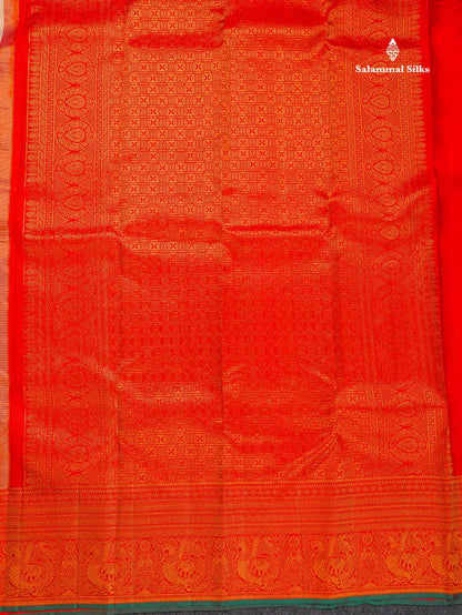 Bridal Pure Kanjivaram Silk Saree - Beige Colour Body With Contrast Chilly Red Evening Morning Border