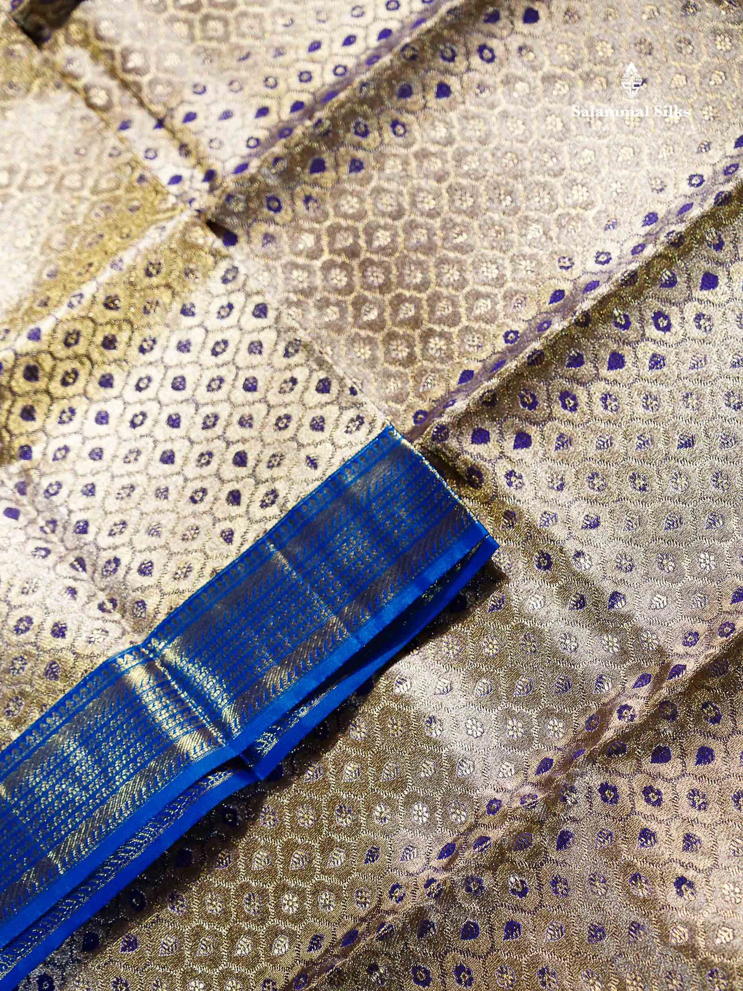 Bridal Pure Kanjivaram Silk Saree - Gold Tissue With Contrast Peacock Blue Traditional Evening Morning Border