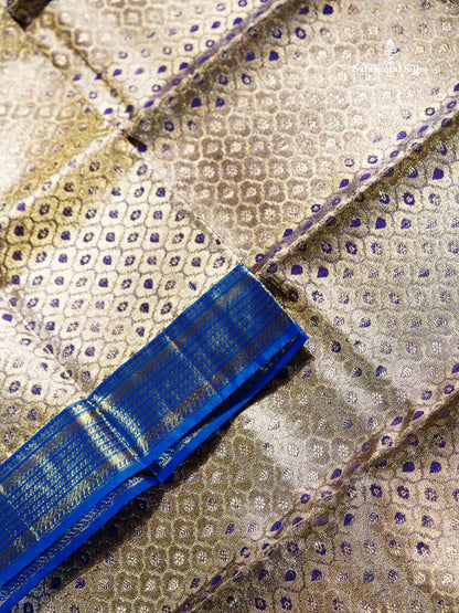Bridal Pure Kanjivaram Silk Saree - Gold Tissue With Contrast Peacock Blue Traditional Evening Morning Border