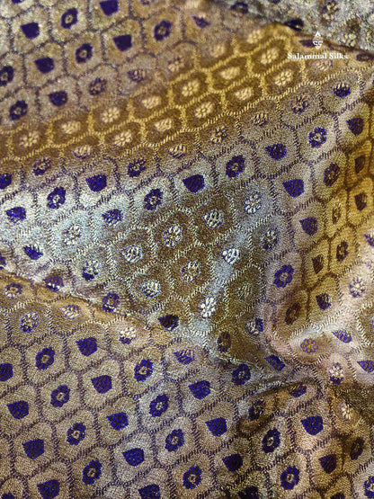 Bridal Pure Kanjivaram Silk Saree - Gold Tissue With Contrast Peacock Blue Traditional Evening Morning Border