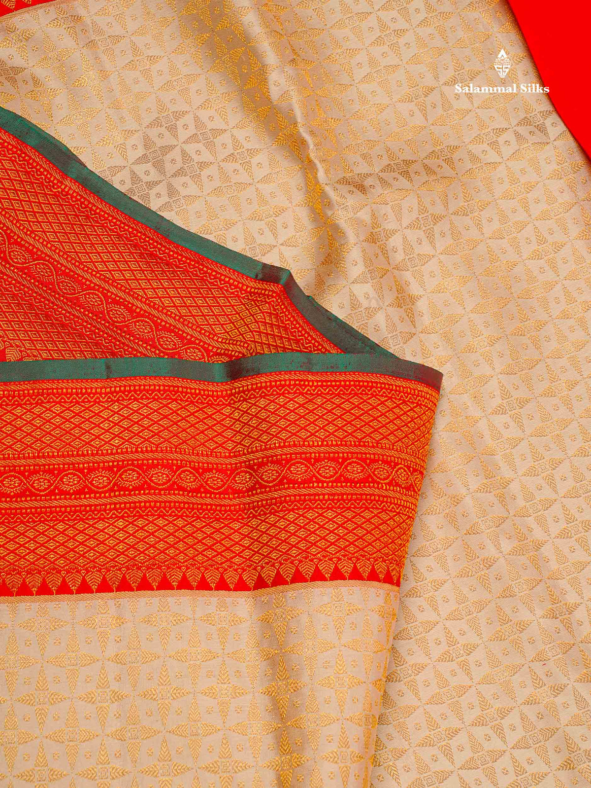 Bridal Pure Kanjivaram Silk Saree - Beige Colour Body With Contrast Chilly Red Evening Morning Border