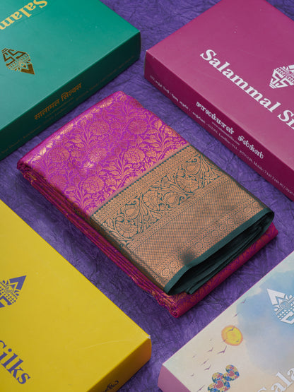 Magenta Beautiful Grand Bridal Semi Silk Saree With Contrast Bottle Green Border