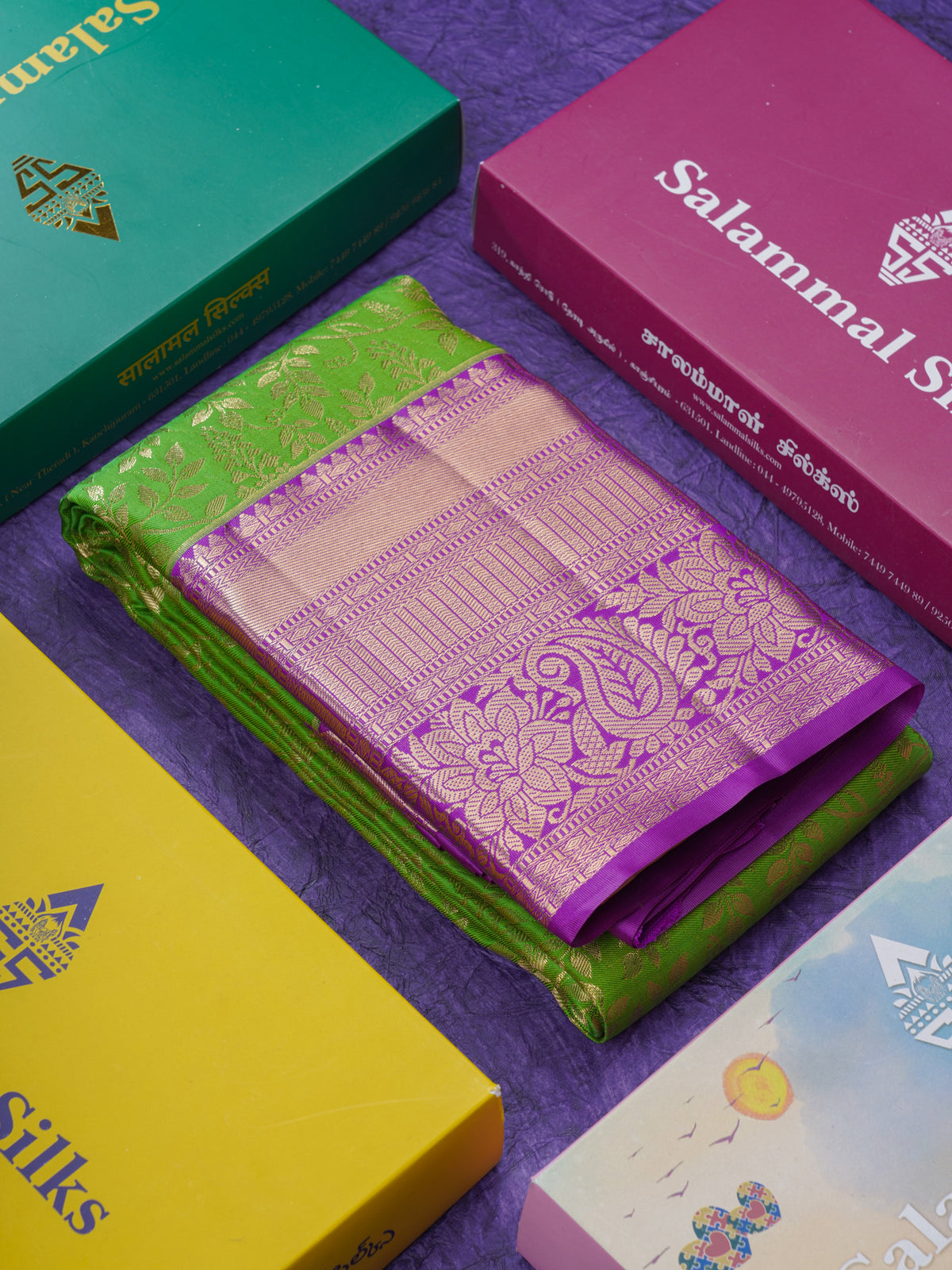 Green Semi Silk Saree With Contrast Violet Traditional Evening Morning Border