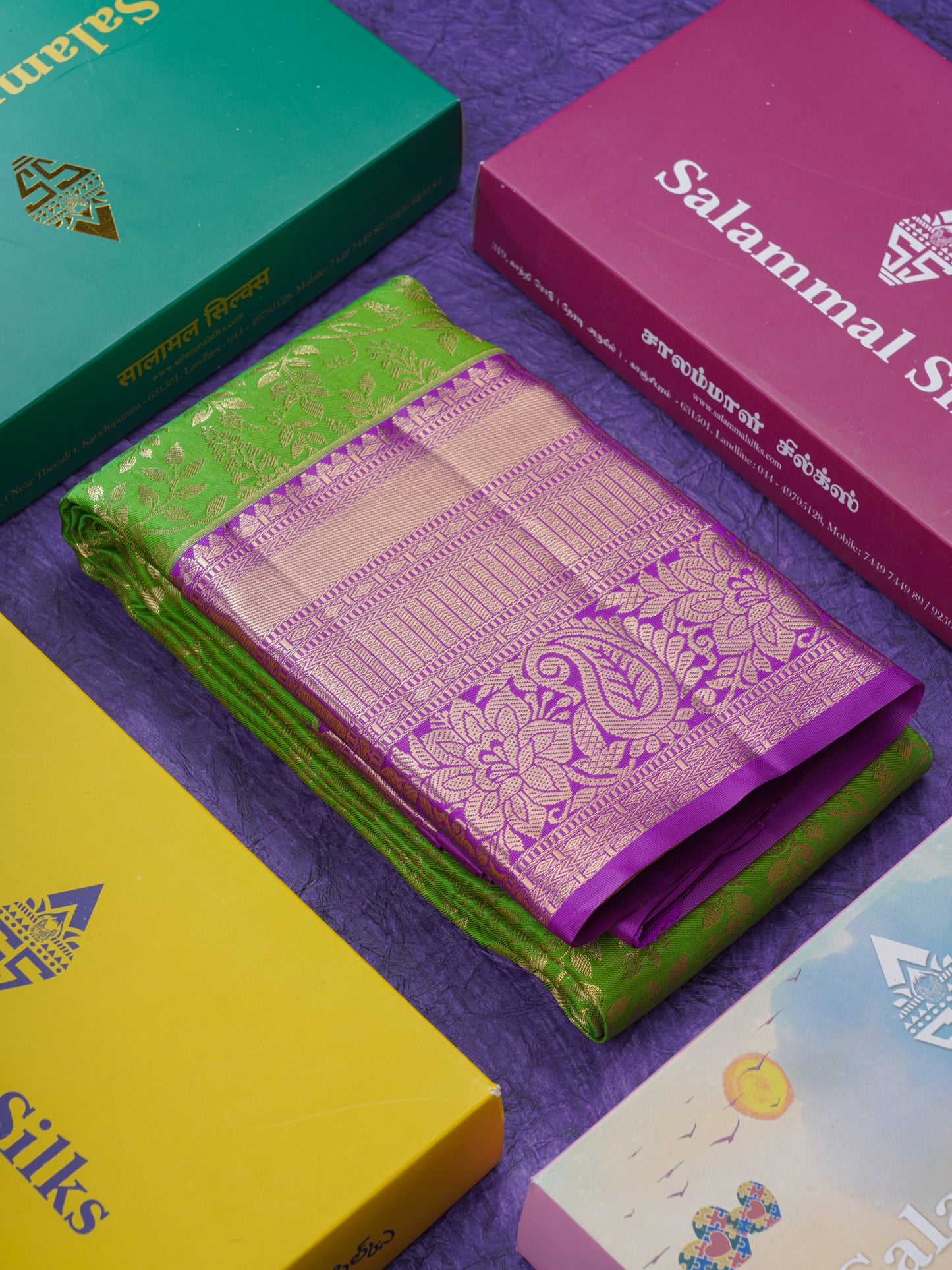 Green Semi Silk Saree With Contrast Violet Traditional Evening Morning Border