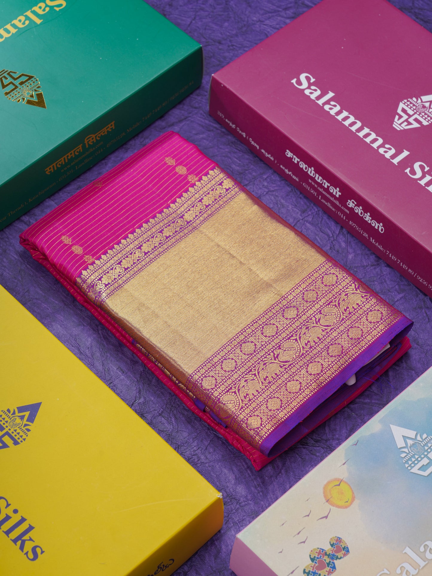 Magenta Vairaoosi Lines And Buttas Beautiful Pure Kanjivaram Silk Saree With Violet Evening Morning Border