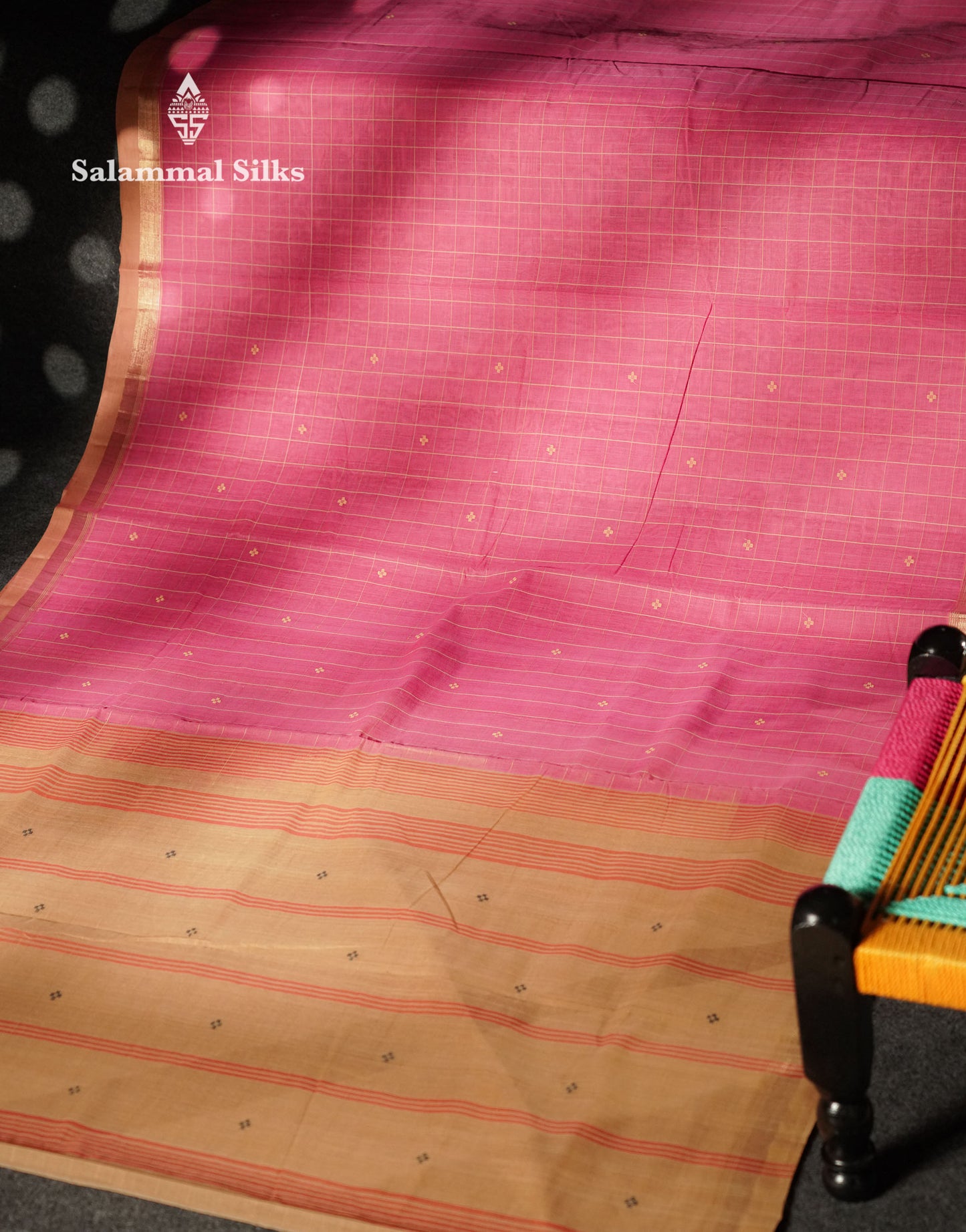 Beautiful Pink Thread Checks And Buttas Handloom Pure Cotton Saree With Beige Border