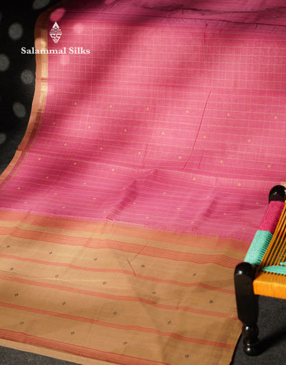Beautiful Pink Thread Checks And Buttas Handloom Pure Cotton Saree With Beige Border