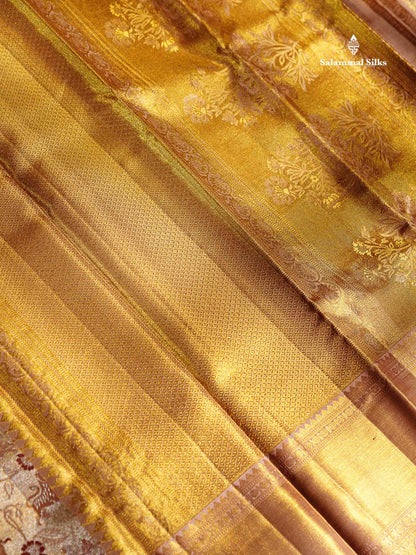 Beautiful Gold Tissue Bridal Vanasingaram Pure Kanjivaram Silk Saree With Contrast Peach Traditional Evening Morning Border