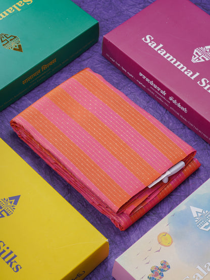 Beautiful Rust Orange And Light Pink Striped Lines Fancy Pure Kanjivaram Silk Saree With Light Pink Blouse