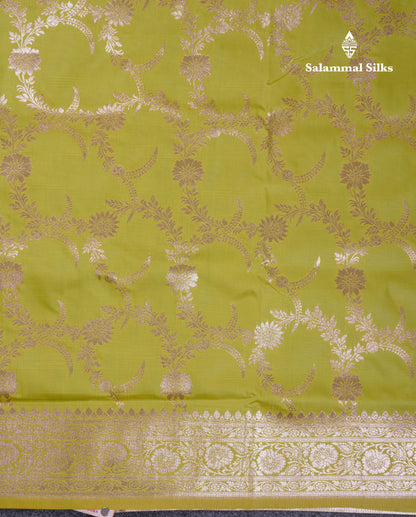 Beautiful Peacock Green Semi Banaras Saree With Fancy Border