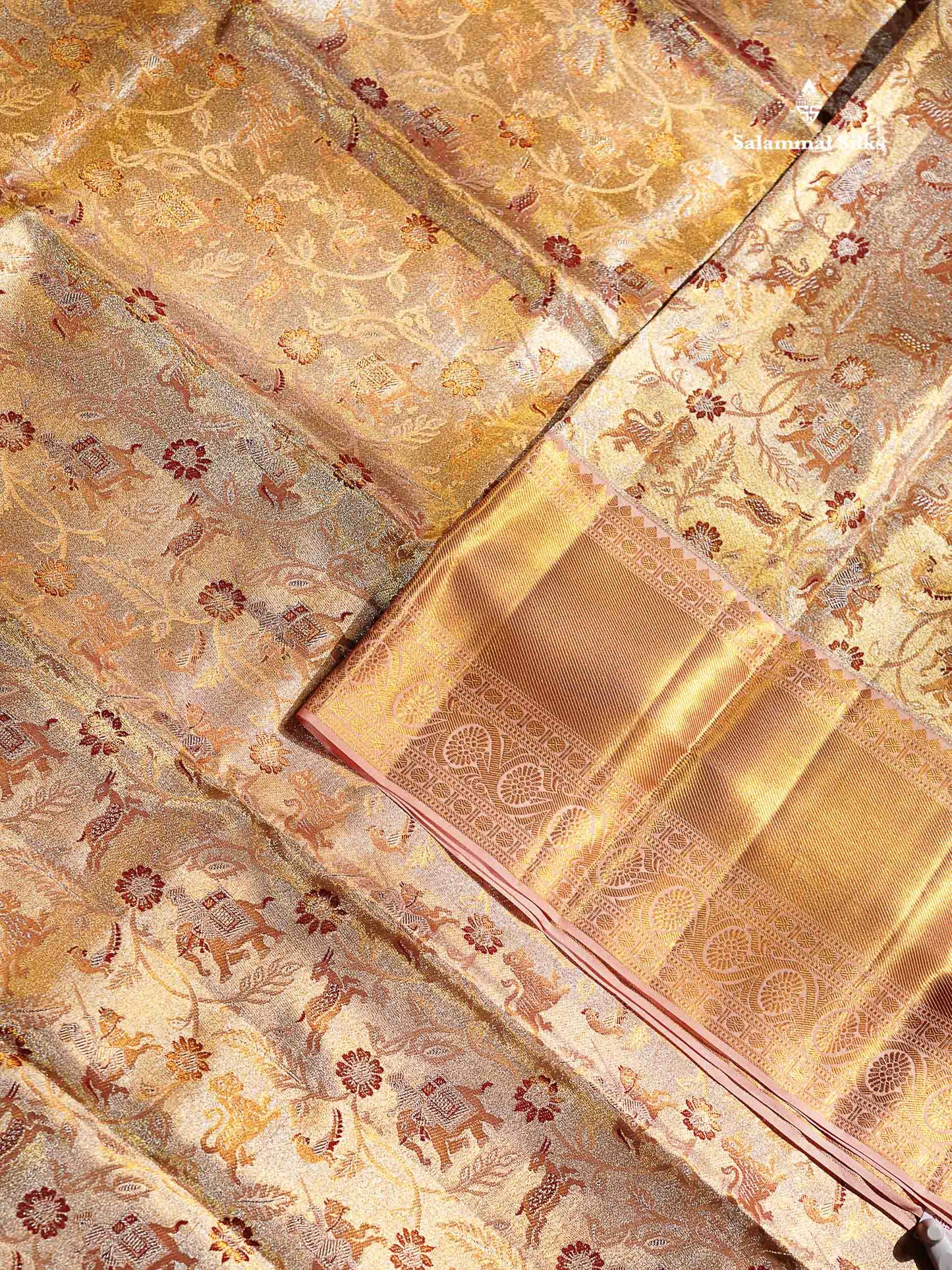 Beautiful Gold Tissue Bridal Vanasingaram Pure Kanjivaram Silk Saree With Contrast Peach Traditional Evening Morning Border