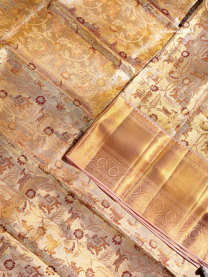 Beautiful Gold Tissue Bridal Vanasingaram Pure Kanjivaram Silk Saree With Contrast Peach Traditional Evening Morning Border