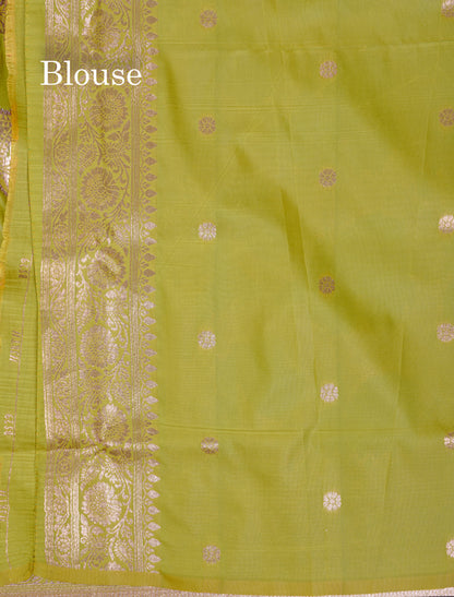 Beautiful Peacock Green Semi Banaras Saree With Fancy Border