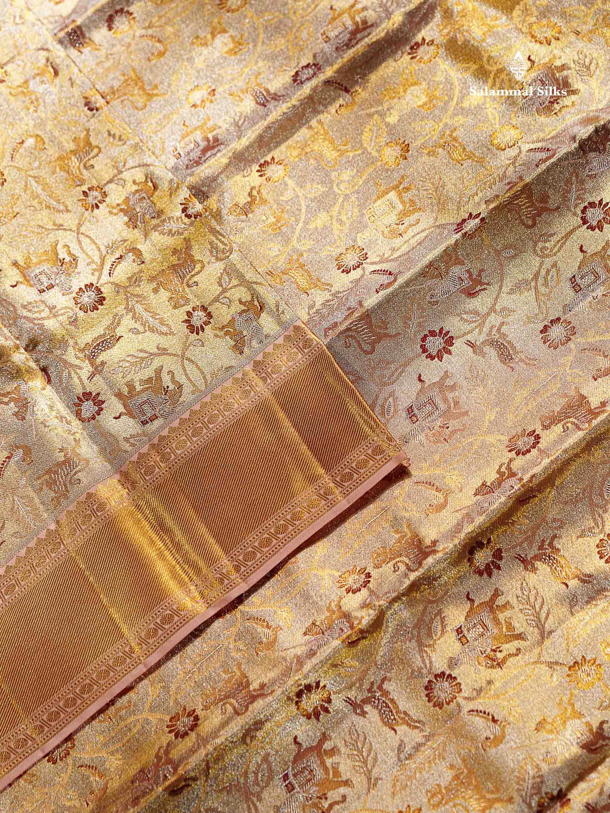 Beautiful Gold Tissue Bridal Vanasingaram Pure Kanjivaram Silk Saree With Contrast Peach Traditional Evening Morning Border